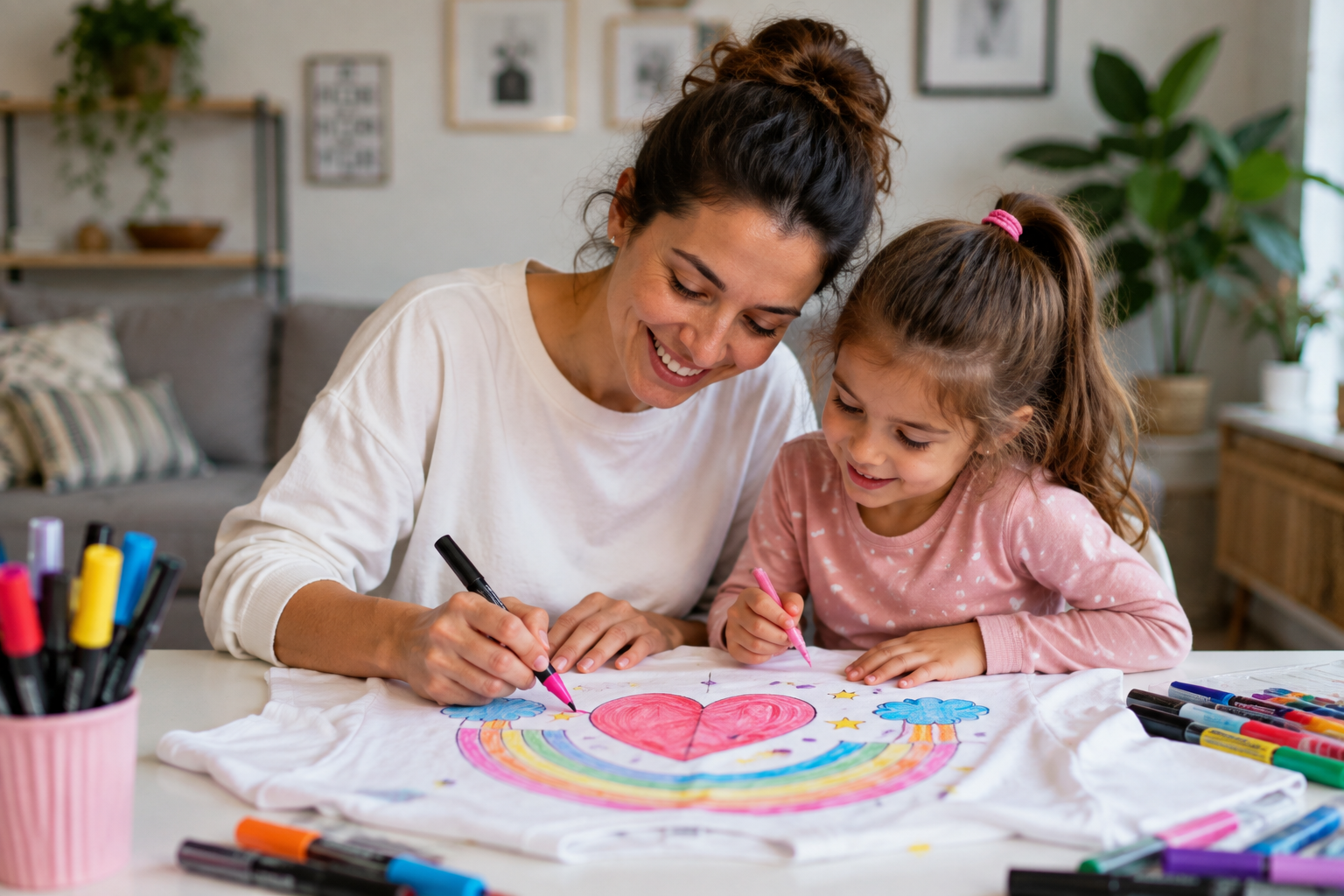 Mamma e figlia decorano insieme una maglietta bianca con colori per tessuti e pennarelli, creando un disegno colorato