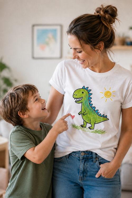 Mamma felice che indossa la maglietta personalizzata con disegno di un dinosauro colorato a mano dal figlio con il kit regalo Gogotshirt.
