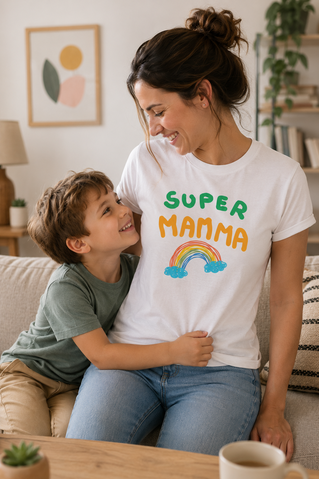 Mamma sorridente sul divano abbracciata dal figlio mentre indossa la maglietta personalizzata con la scritta Super Mamma e arcobaleno.
