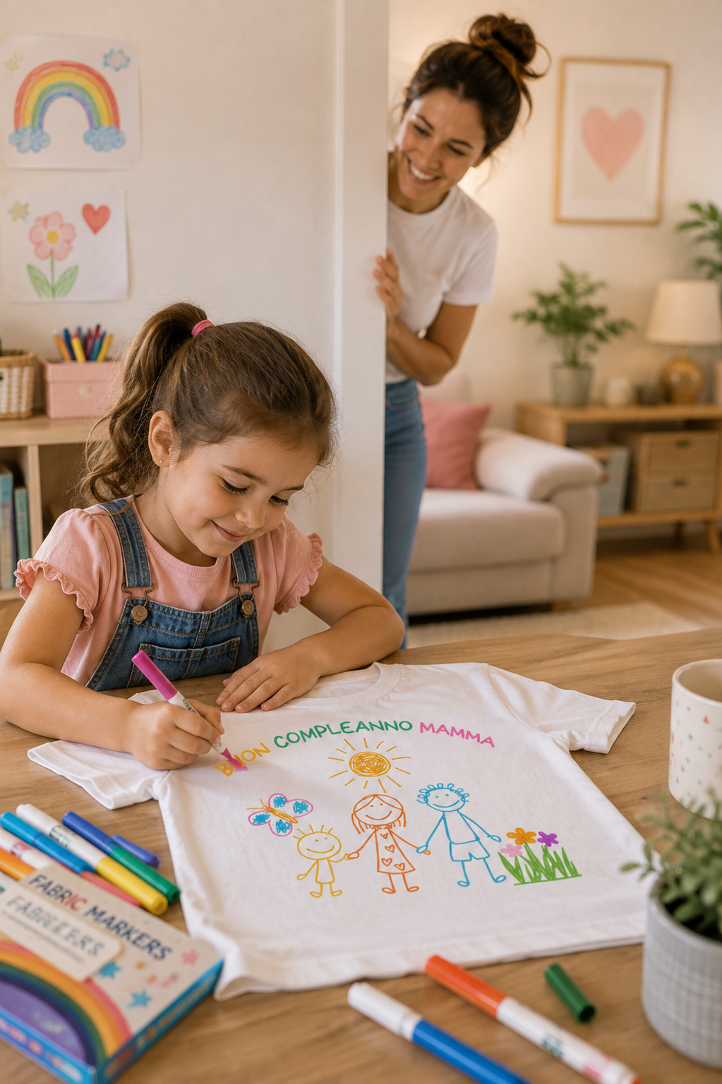 Bambina che disegna sulla t-shirt con la scritta Buon Compleanno Mamma usando i pennarelli per tessuto del kit regalo Gogotshirt.