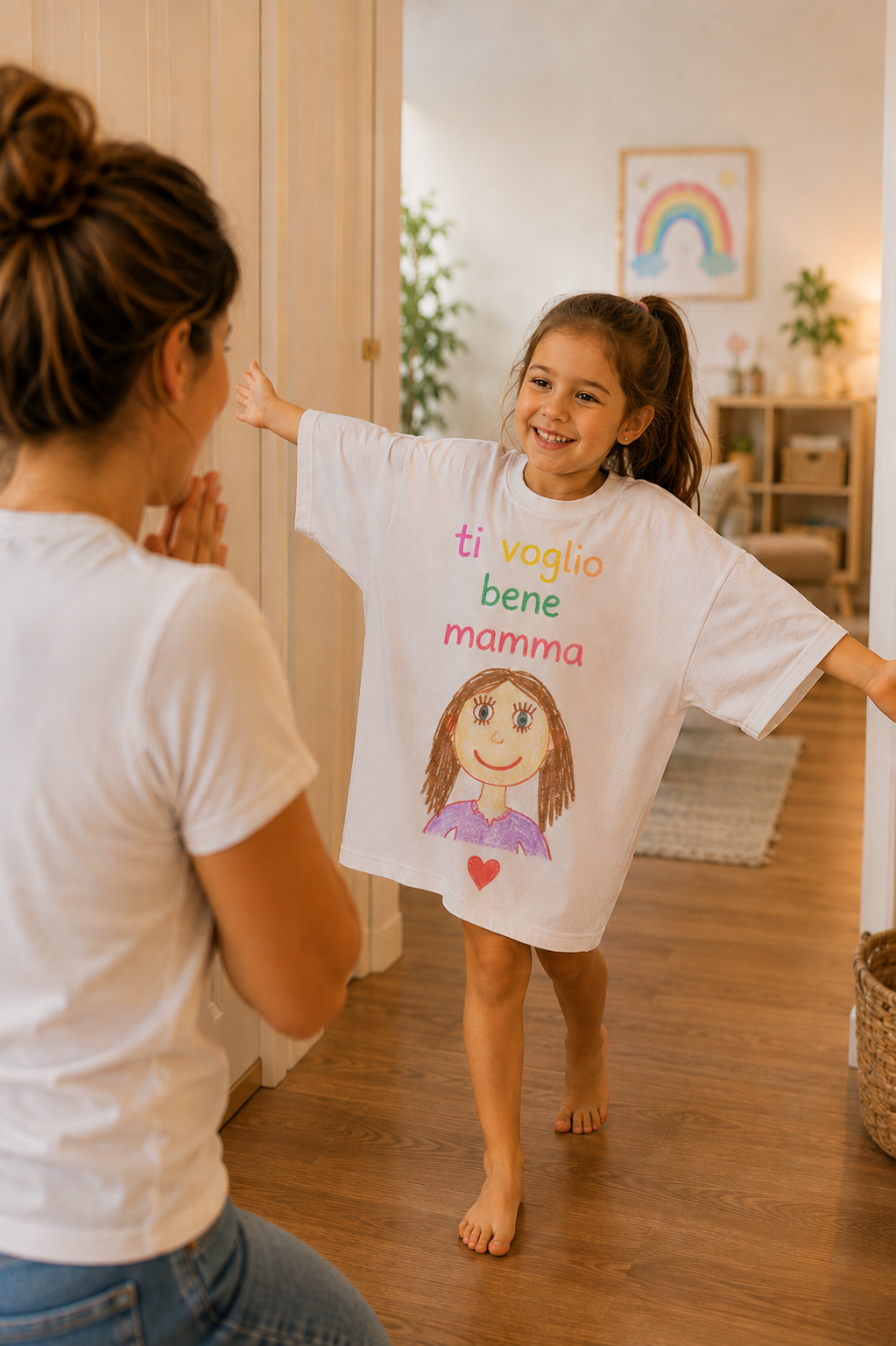 Bambina sorridente che mostra alla mamma la maglietta personalizzata oversize con la scritta Ti Voglio Bene Mamma e il disegno del suo ritratto.