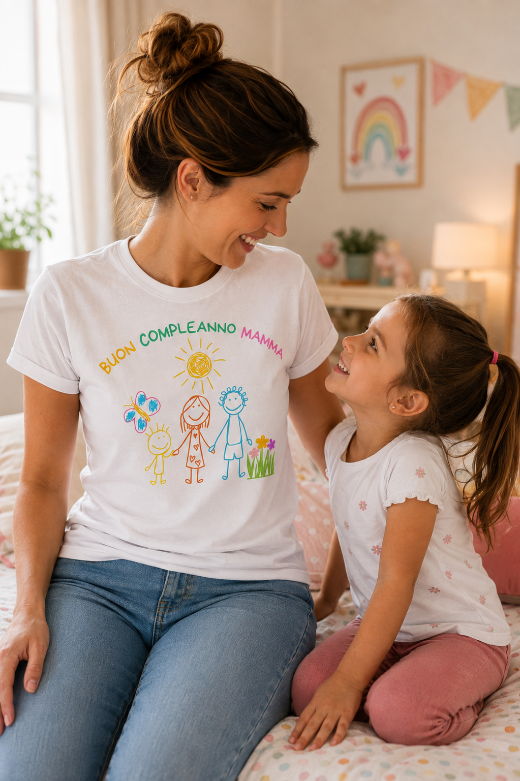 Mamma e figlia sorridenti mentre la mamma indossa la maglietta personalizzata con la scritta Buon Compleanno Mamma e il disegno della famiglia.